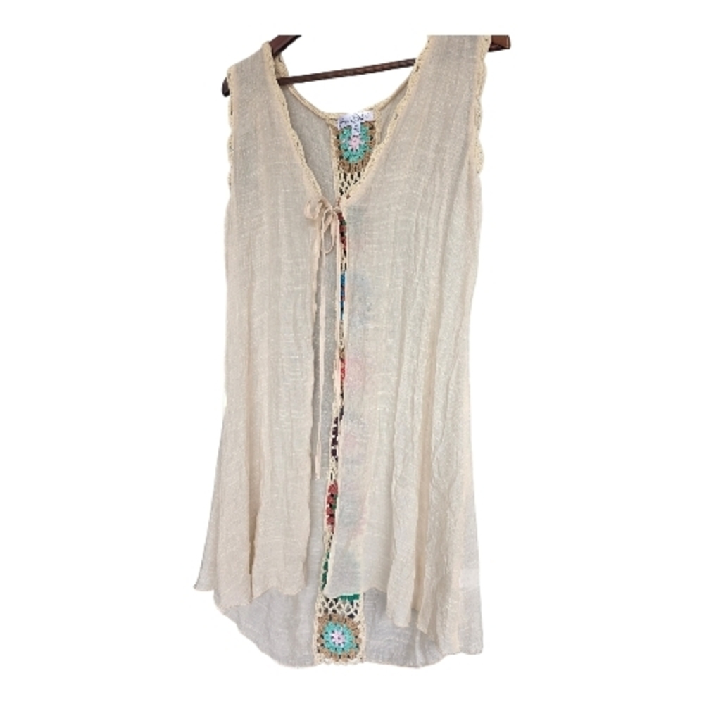 Stem & Vine Boho Coverup Crotchet Inset Sleeveless Tunic - Cream Medium